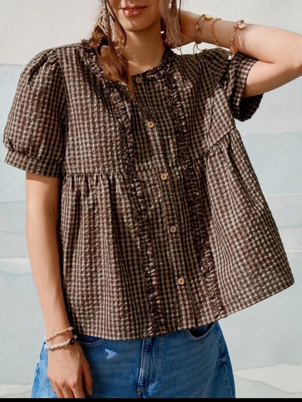 SHEIN Brown Gingham Ruffle Button-Front Women’s Top, size M, NWT